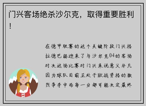 门兴客场绝杀沙尔克，取得重要胜利！